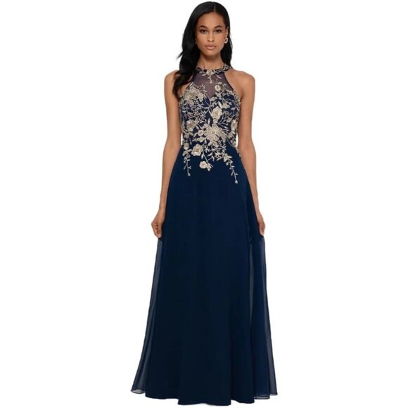 Betsy & Adam Womens Size Petite 4P Navy Long Embroidered Halter Chiffon Gown NEW - Picture 1 of 4